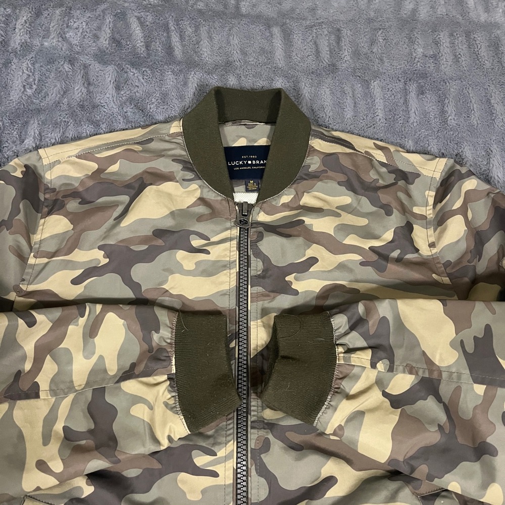 Lucky Brand Camouflage Bomber Jacket Mens Medium Green Khaki Zip Up Outerwear